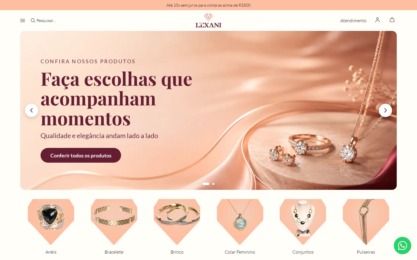 Página inicial do site Lexani Joias